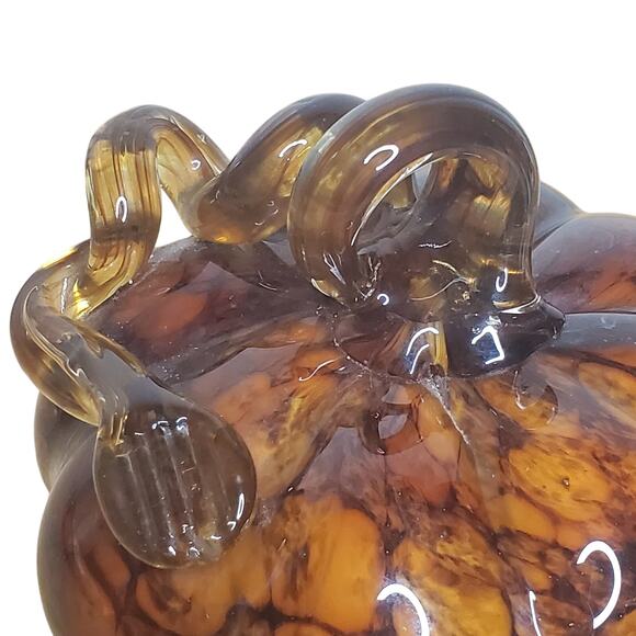 Hand Blown Glass Pumpkin Squash Brown Amber Art Glass Swirl Stem 5" x 4.5" - Picture 5 of 14